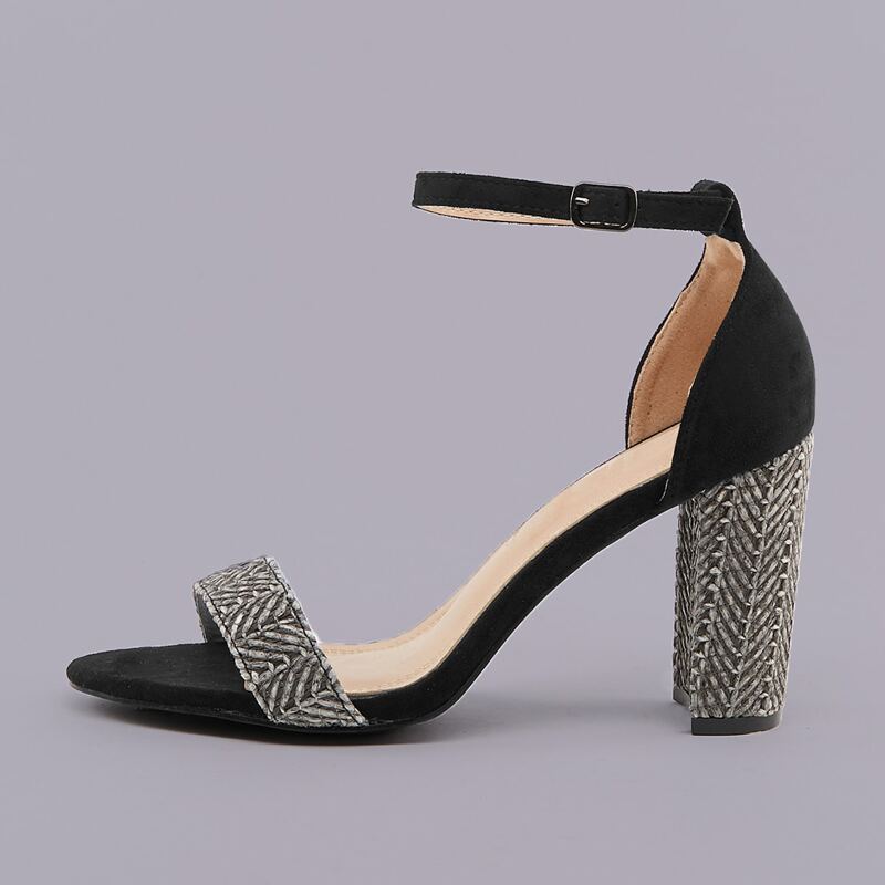 

Woven Open Toe Band Chunky Heel Sandals, Black