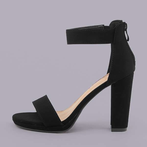 

Open Toe Ankle Strap Back Zip Block Heel Sandals, Black