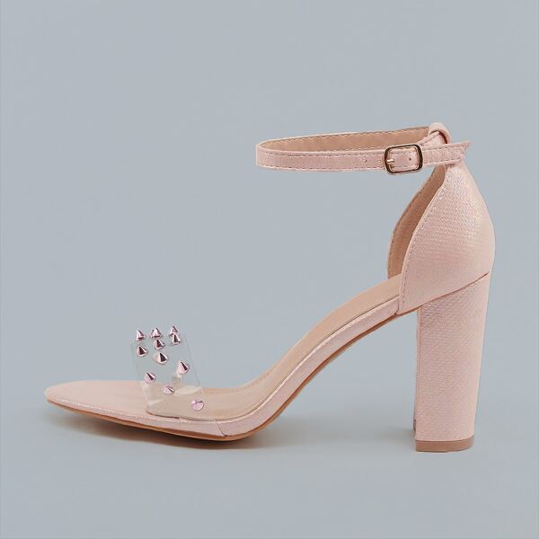 

Spike Detail Open Toe Block Heel Sandals, Pink