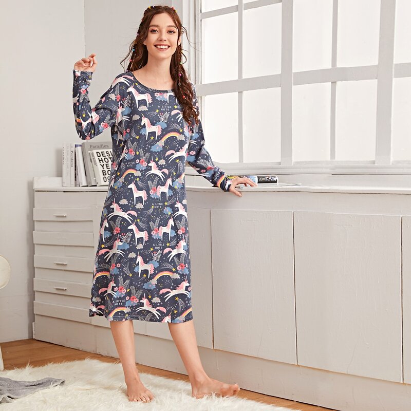 

Unicorn & Rainbow Print Night Dress, Navy