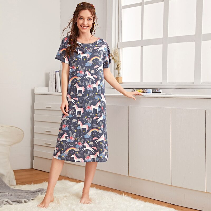 

Unicorn & Rainbow Print Night Dress, Navy blue