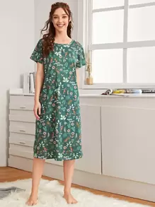 Floral & Animal Print Pajama Night Dress - Green - View 1