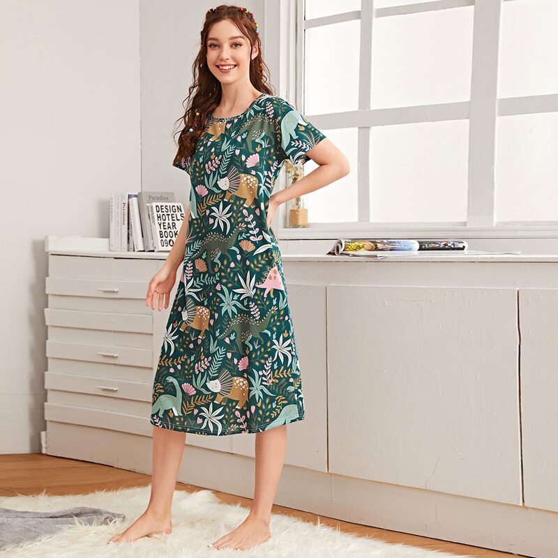 

Dinosaur & Plants Print Night Dress, Green