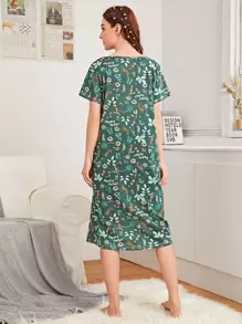 Floral & Animal Print Pajama Night Dress - Green - View 2