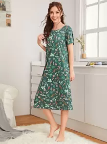 Floral & Animal Print Pajama Night Dress - Green - View 4