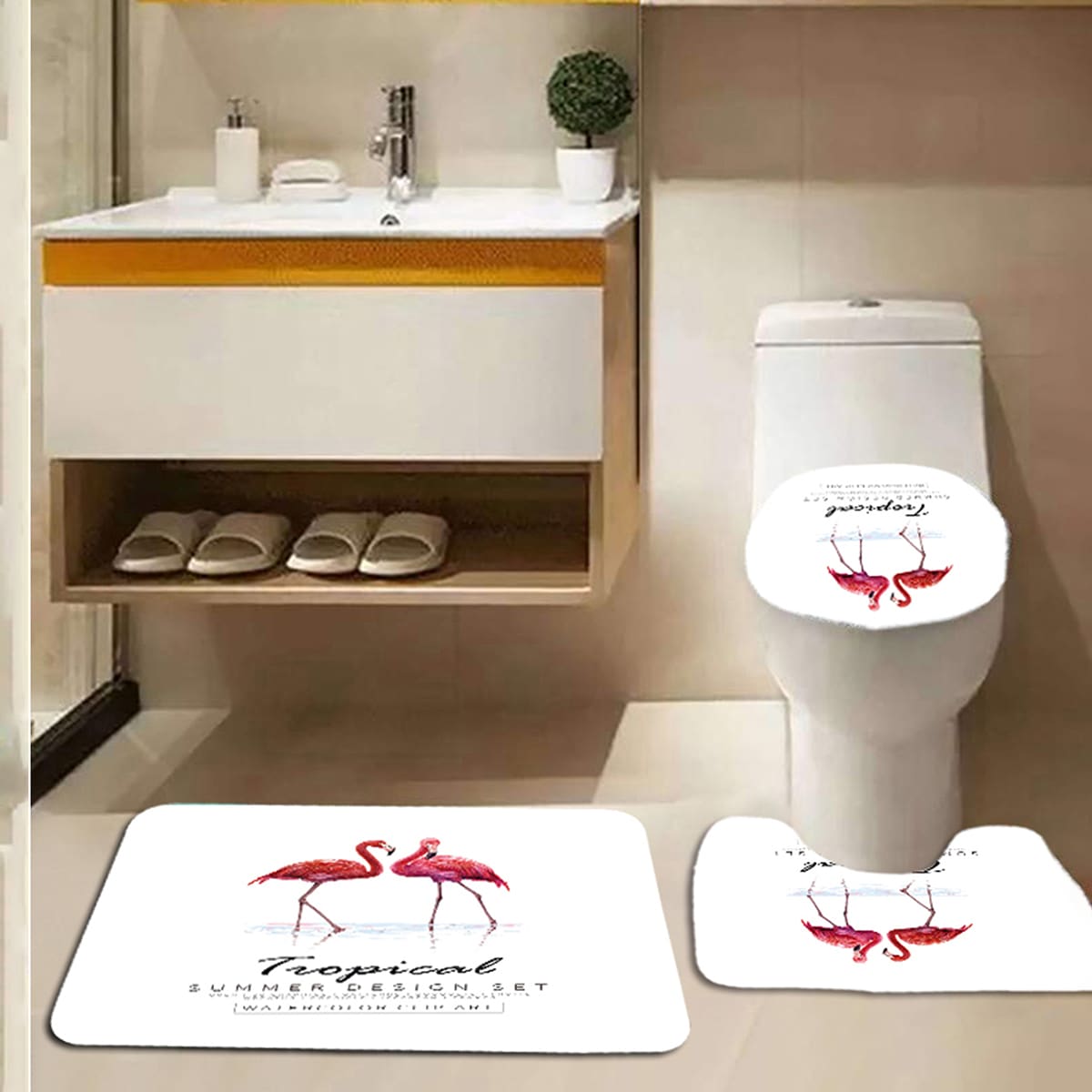 

3pcs Flamingo Print Closestool Mat, Black