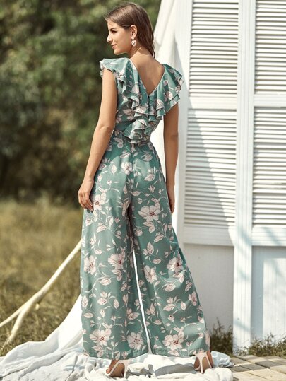 Floral Layered Ruffle Belted Jumpsuit