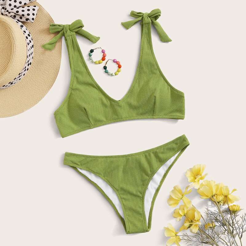 

Ribbed Tie Shoulder Bikini Swimsuit, Olive green
