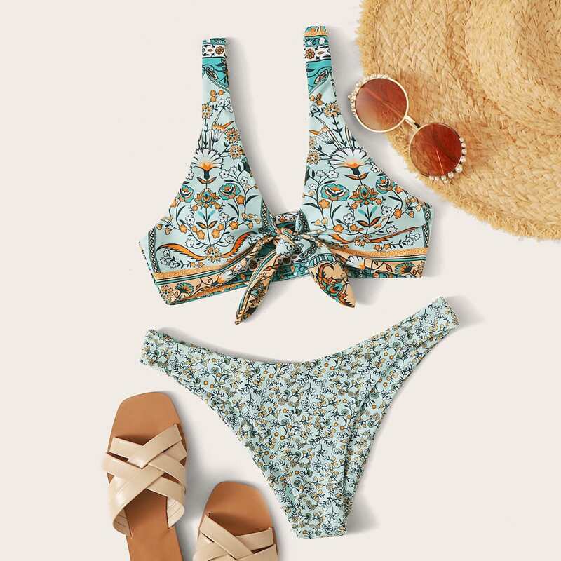 

Floral Random Print Knot Front Bikini Set, Multicolor