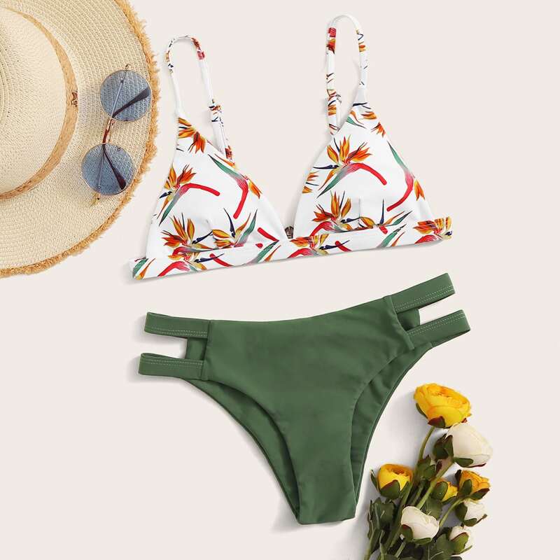 

Random Floral Print Triangle Bikini Swimsuit, Multicolor