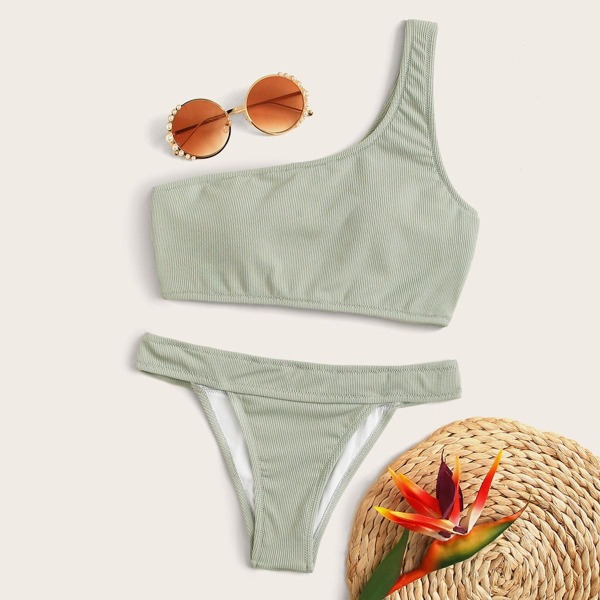 

Rib One Shoulder Thong Bikini Swimsuit, Pastel mint green