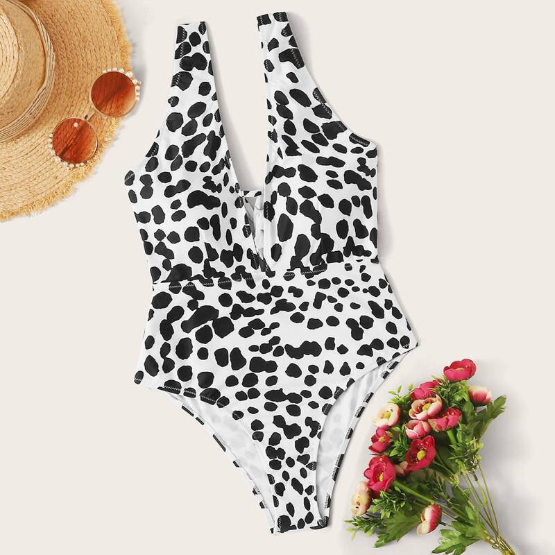

Leopard Twist One Piece Swimsuit, Black and white
