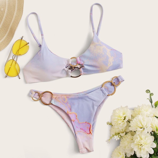 

Tie Dye Ring Linked Bikini Swimsuit, Multicolor