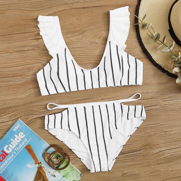 

Striped Ruffle Trim Bikini Set, Black and white