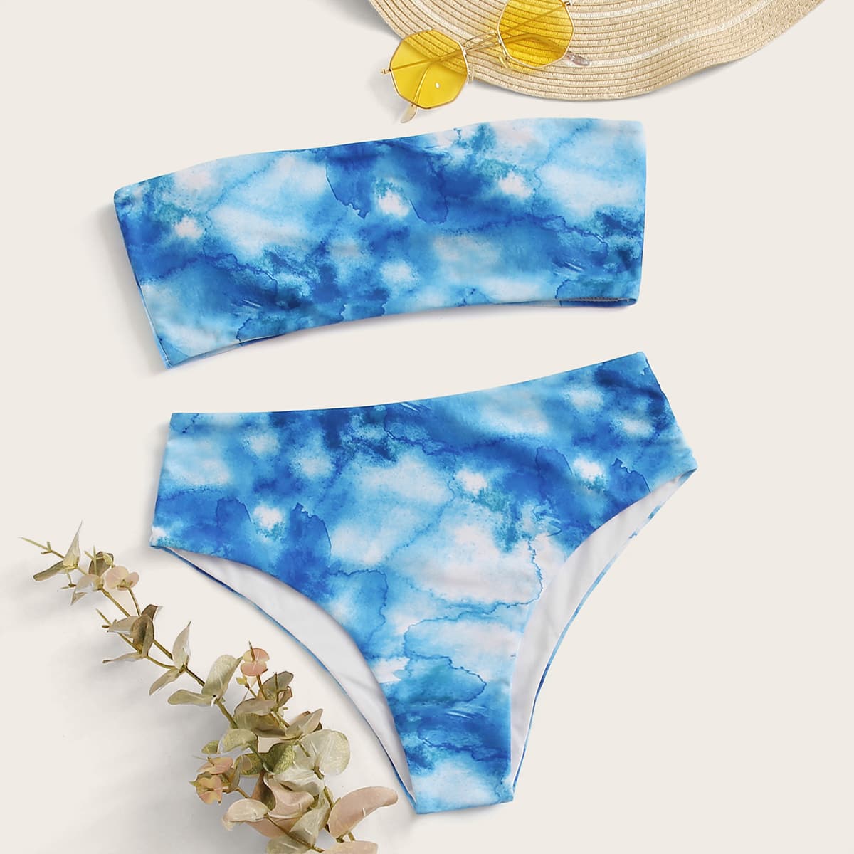

Tie Dye Bandeau High Waisted Bikini Swimsuit, Blue