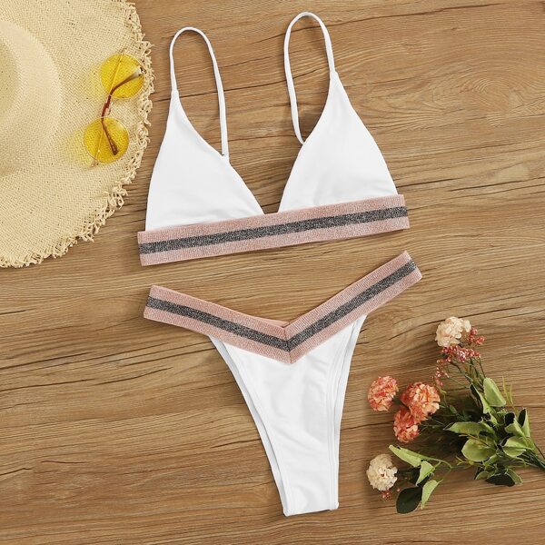 

Stripe Tape Triangle High Cut Bikini Swimsuit, White