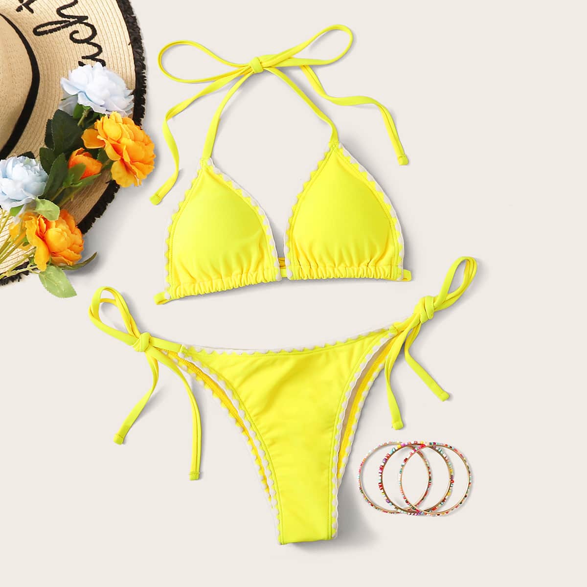 

Triangle Tie Side Bikini Swimsuit, Yellow bright