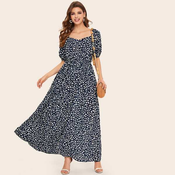 

Dalmatian Print Sweetheart Neck Maxi Dress, Navy