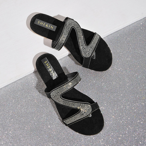 

Rhinestone Decor Toe Post Sliders, Black