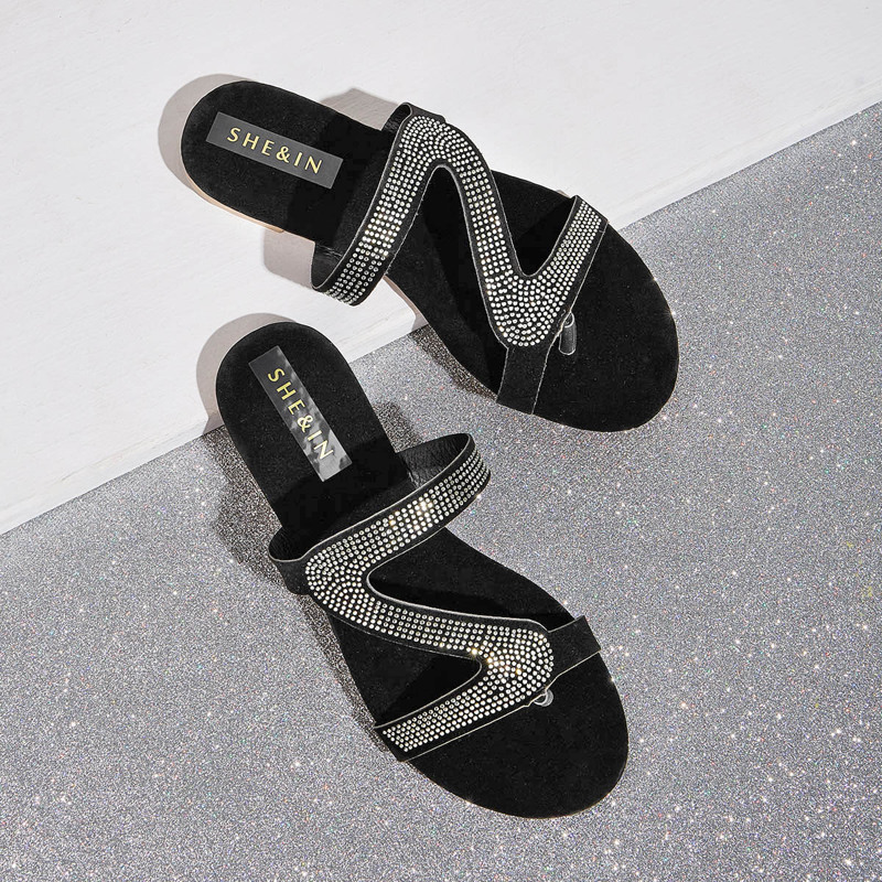 

Rhinestone Decor Toe Post Sliders, Black