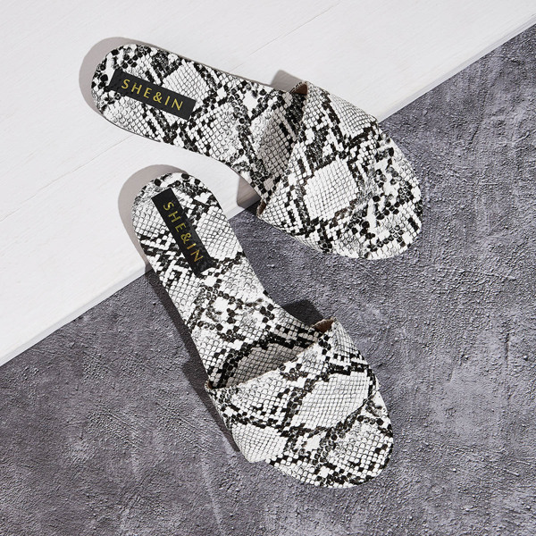 

Snakeskin Print Open Toe Sliders, Black and white