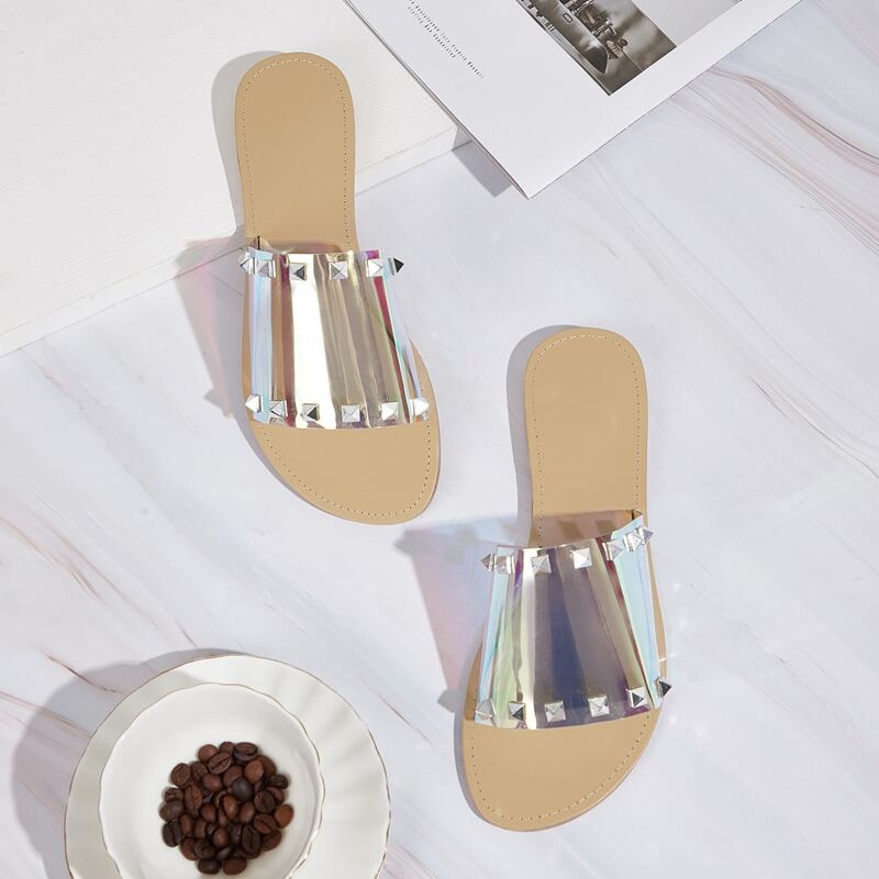 

Studded Decor Holographic Open Toe Sliders, Multicolor