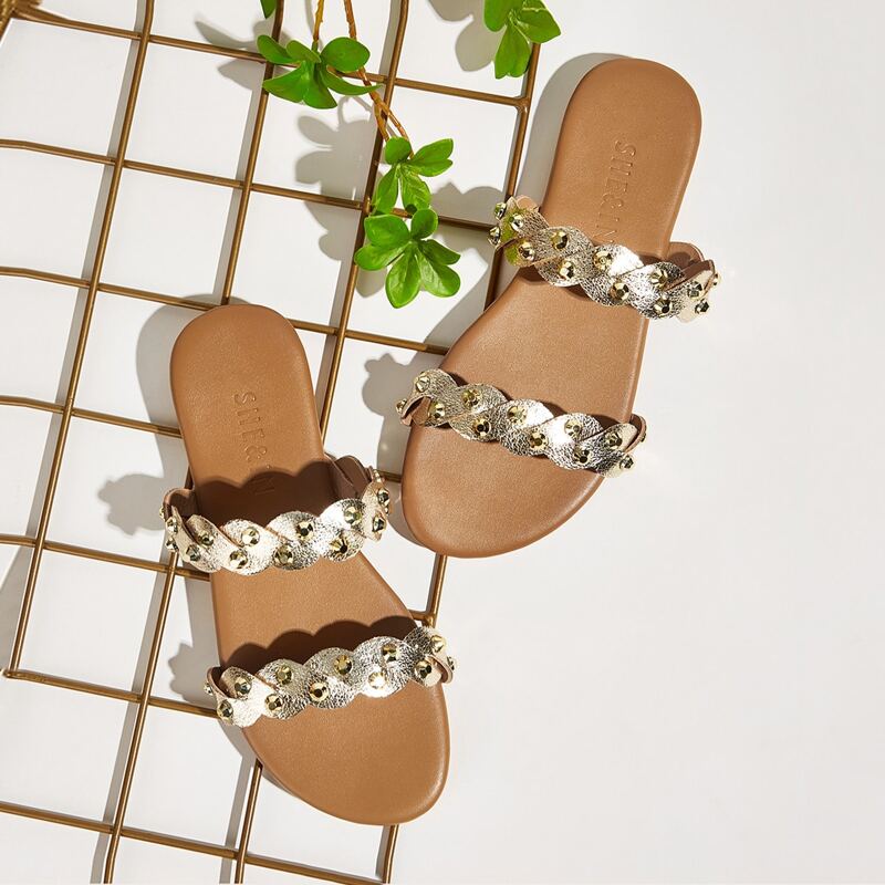 

Studded Decor Metallic Open Toe Sliders, Gold