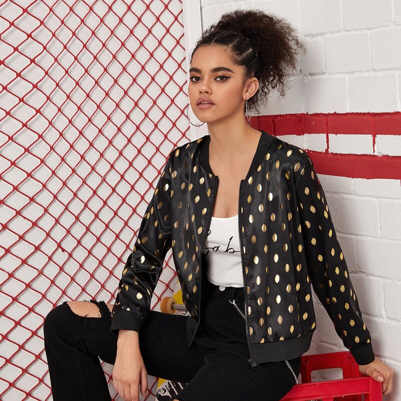 

Zip Up Polka Dot Bomber Jacket, Black