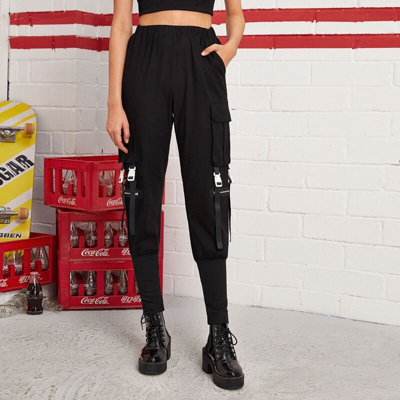 

Flap Pocket Buckle Detail Cargo Pants, Black