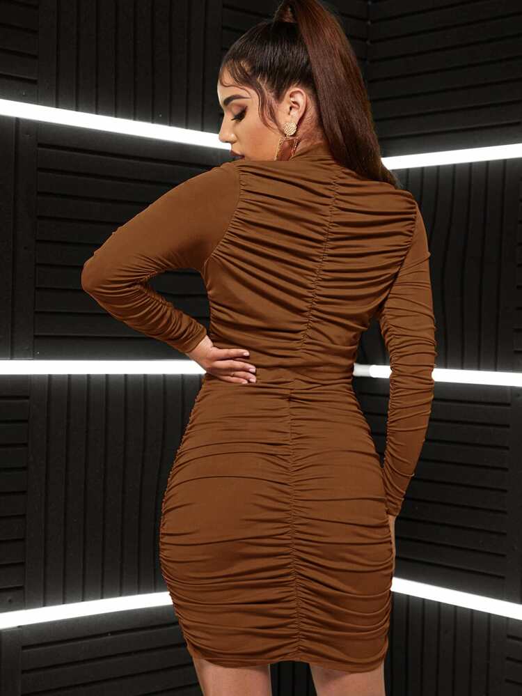 high neck ruched bodycon dress