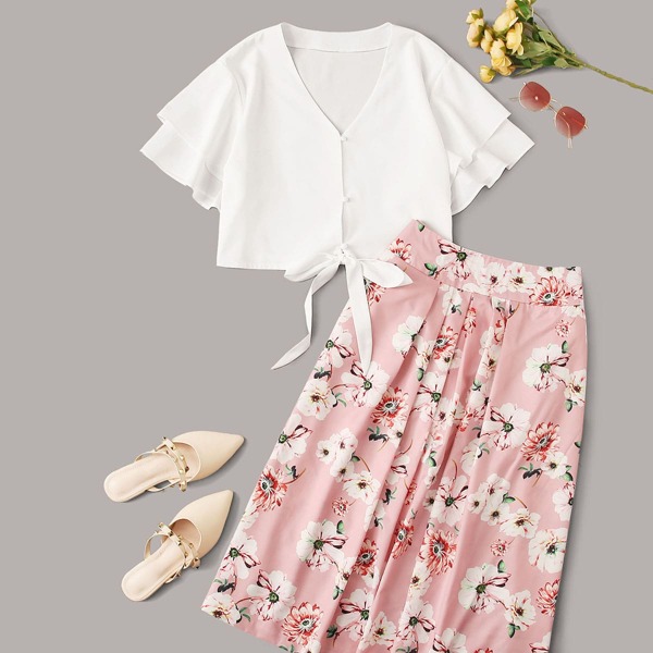 

Plus Knot Hem Blouse & Floral Print Skirt Set, Multicolor
