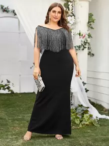 SHEIN Belle Vestido con fleco - grande - Negro - Ver 1