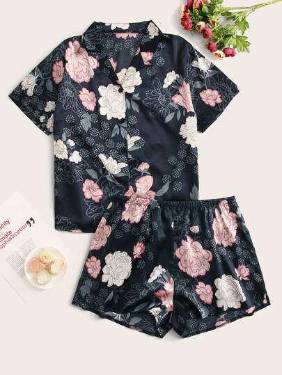 Plus Floral Print Satin Pajama Set
