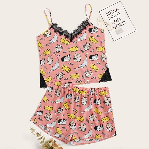 

Plus Lace Trim Cartoon Graphic Pajama Set, Pink