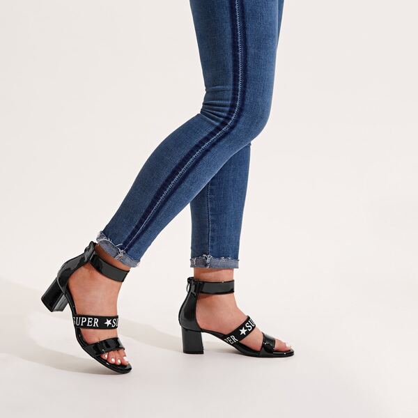 

Letter Graphic Ankle Strap Chunky Heels, Black