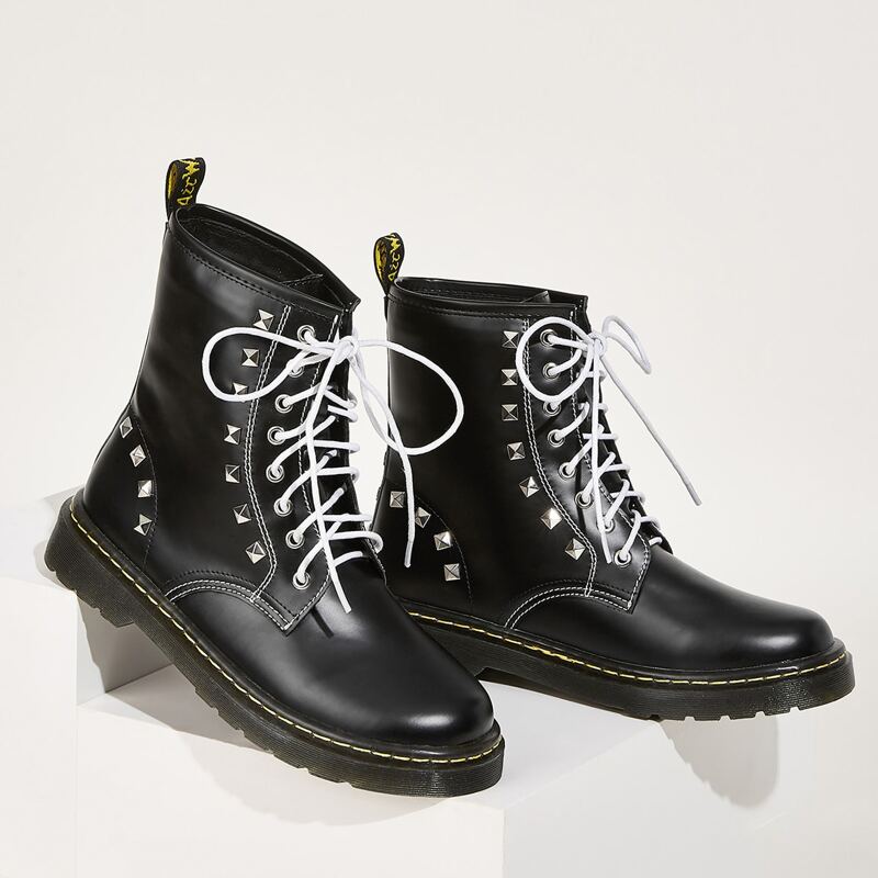 

Studded Decor Lace-up Front Combat Boots, Black