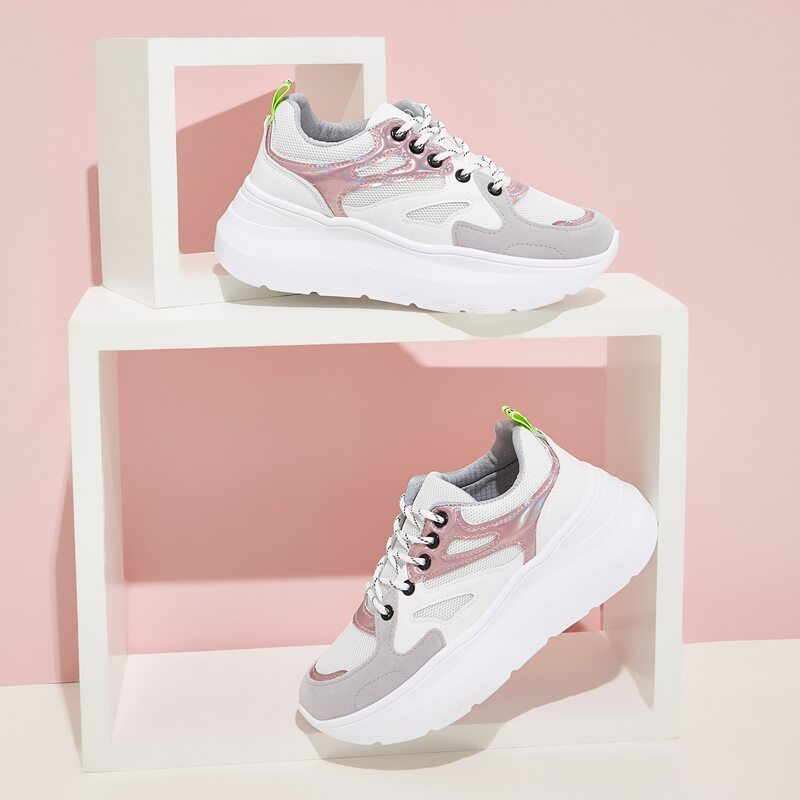 

Holographic Panel Lace-up Front Chunky Trainers, White