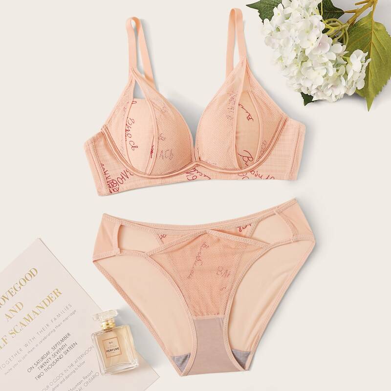 

Letter Graphic Adjustable Strap Lingerie Set, Nude