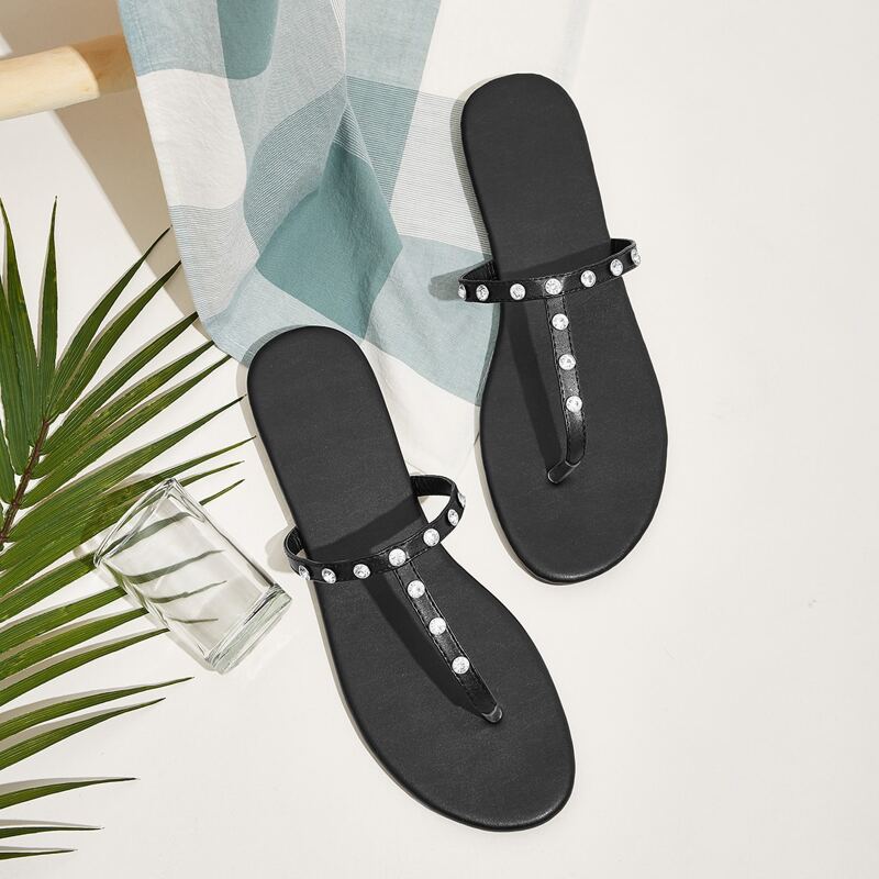 

Rhinestone Decor Toe Post Sliders, Black