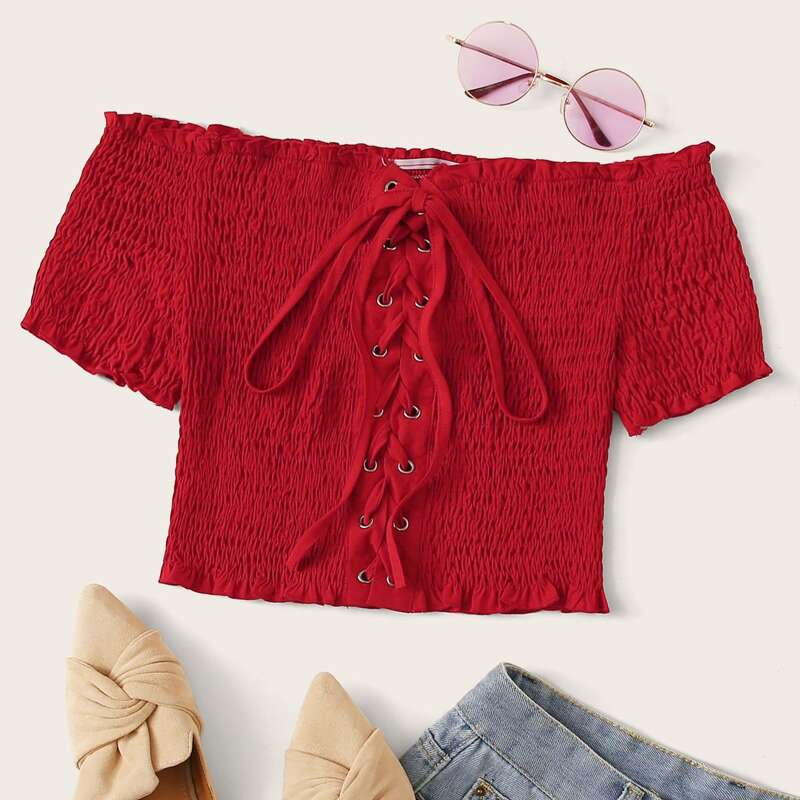 

Lace Up Shirred Bardot Crop Top, Red