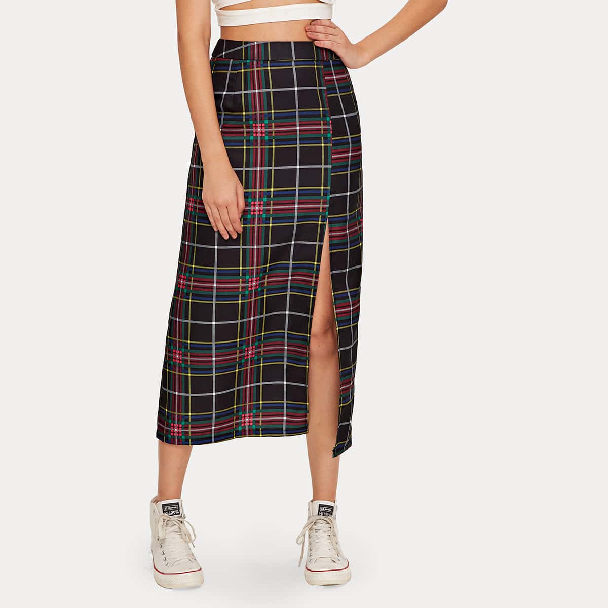 

Plaid Split Thigh Skirt, Multicolor