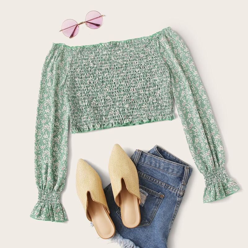 

Ditsy Floral Shirred Crop Top, Green