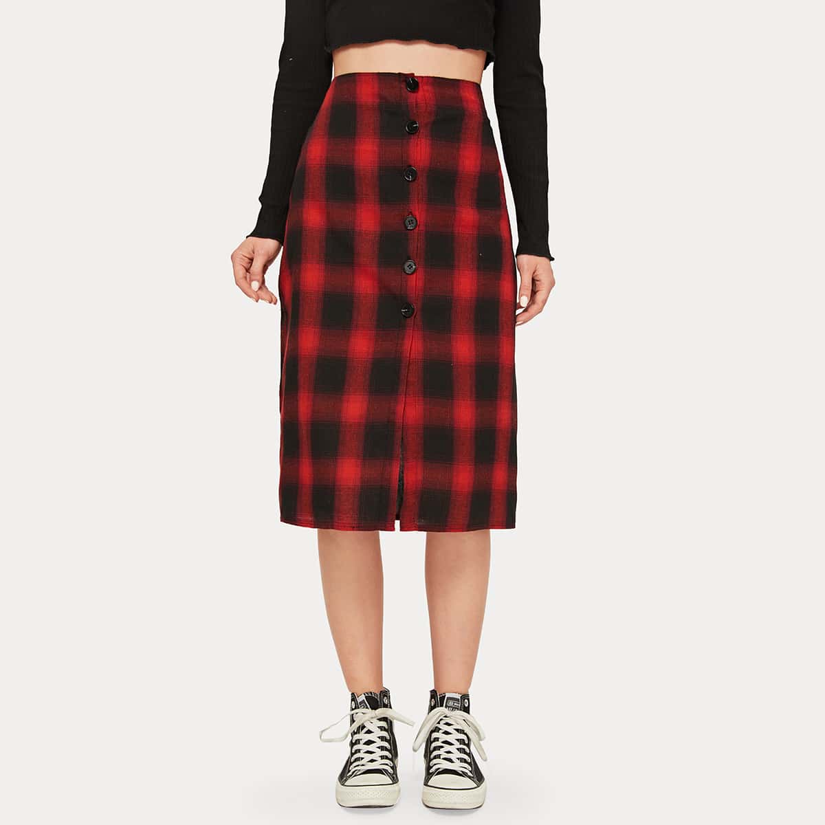 

Tartan Button Front Split Skirt, Multicolor