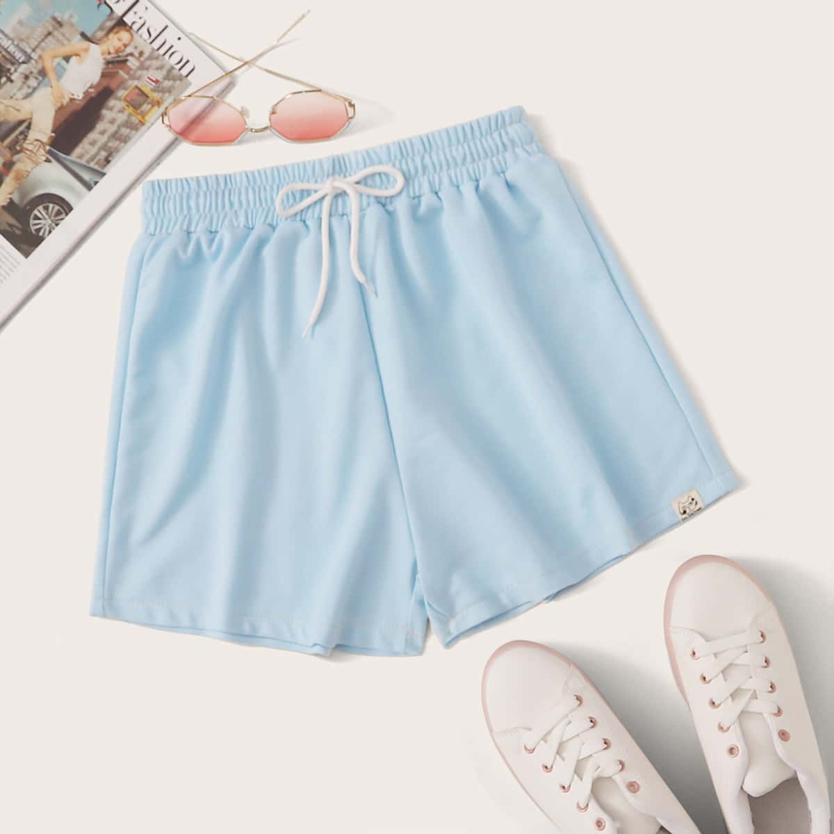 

Solid Drawstring Shorts, Blue