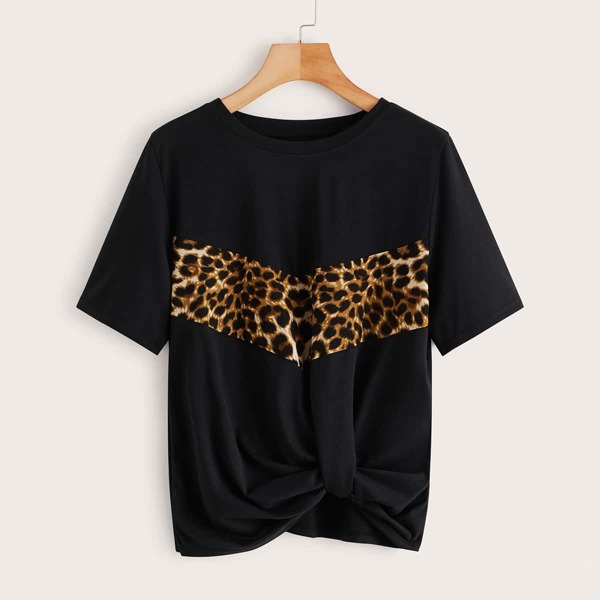 

Contrast Leopard Panel Twist Tee, Black