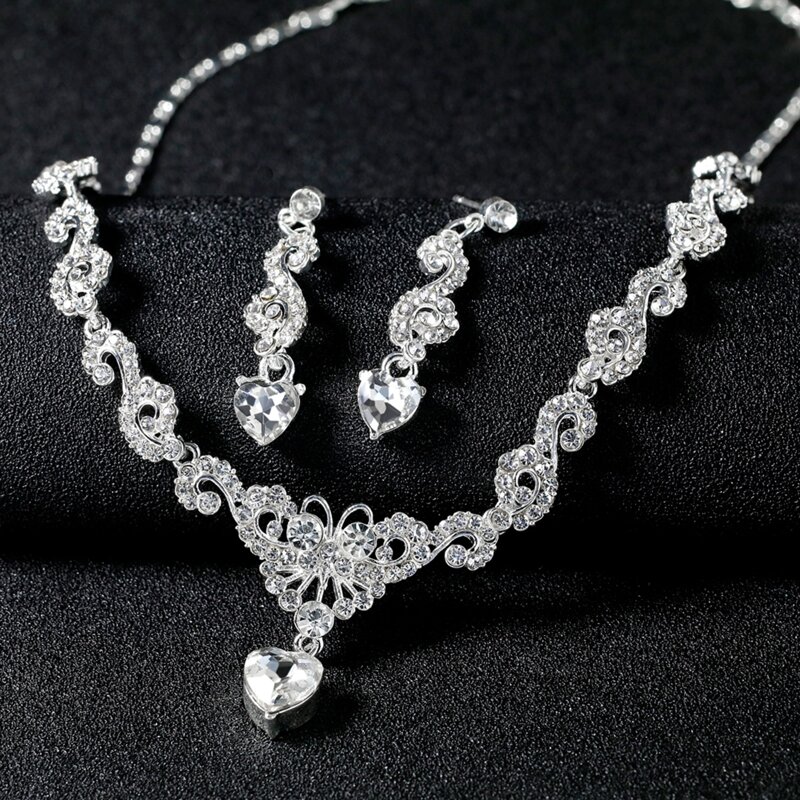 

1pair Rhinestone Engraved Heart Waterdrop Necklace & 1pair Earrings