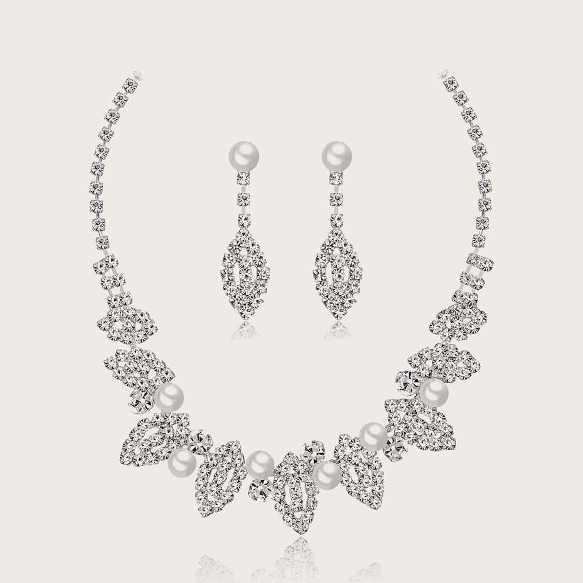

1pc Rhinestone Engraved Faux Pearl Charm Necklace & 1pair Earrings