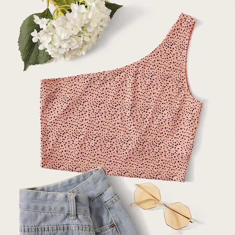 

Polka Dot One-Shoulder Crop Top, Pink
