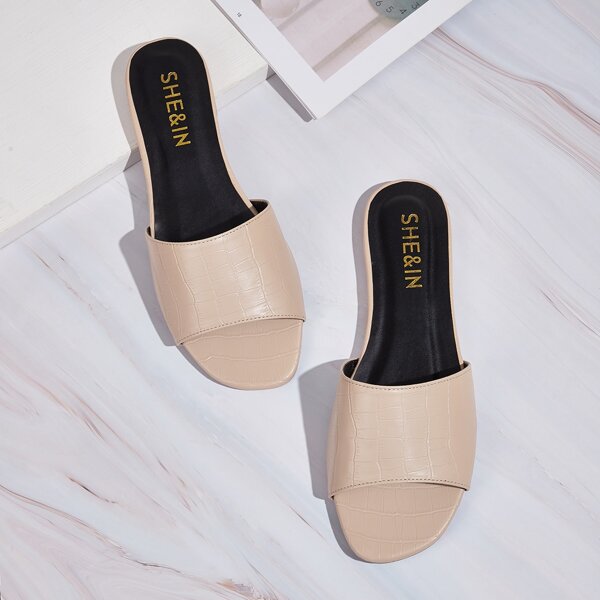 

Croc Embossed Flat Sliders, Beige