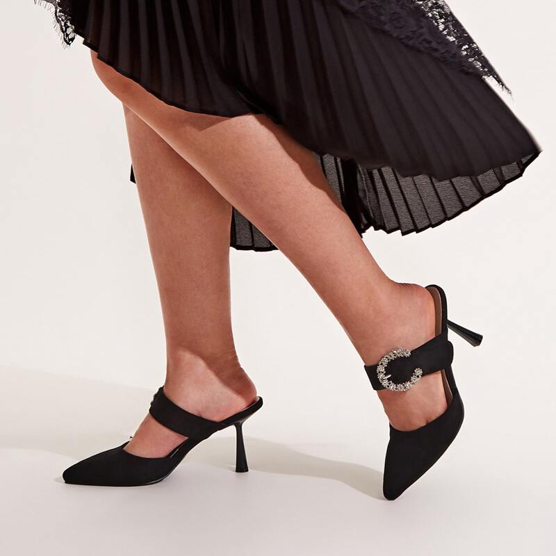

Rhinestone Decor Stiletto Heeled Mules, Black